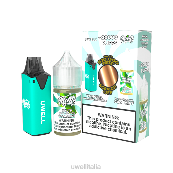 UWELL Online Shop - UWELL V6 dispositivo usa e getta + succo di papà da 30 ml - pacchetto in collaborazione RJHB210 clr: ciano/flv: menta fresca 50 mg